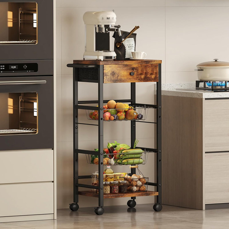 Chariot de rangement roulant de cuisine avec tiroir en tissu, paniers coulissants et tablettes de rangement, organisateur de collations utilitaires avec poignée pour fruits, légumes, pommes de terre et garde-manger