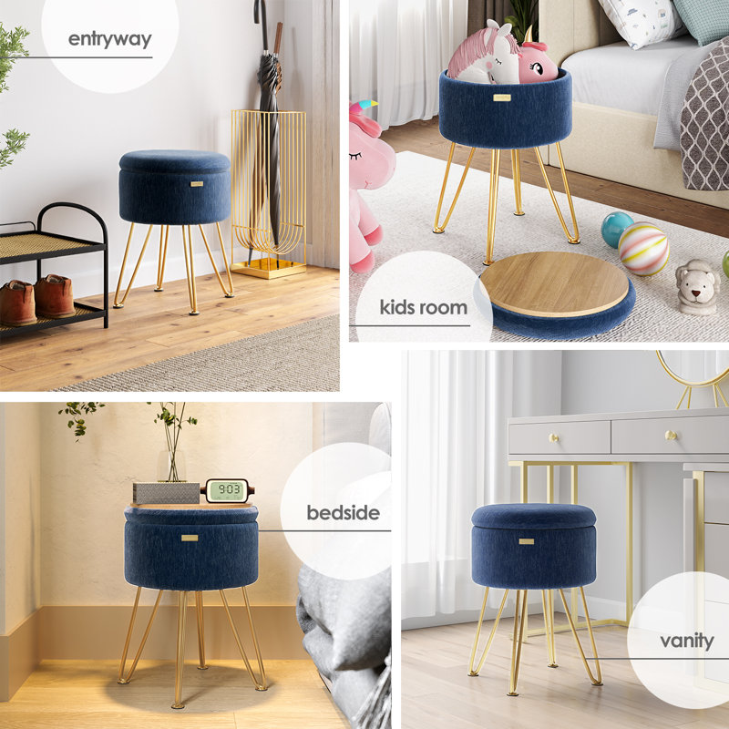 Round Textured Velvet Ottoman with Storage, Blue, Gold