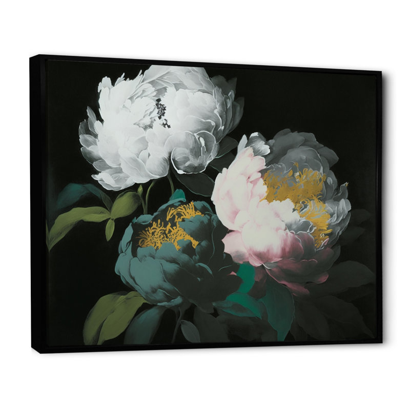 «White Blossoming Peony on Black II», reproduction sur toile, L 40 po x H 30 po, Toile à cadre flottant noir