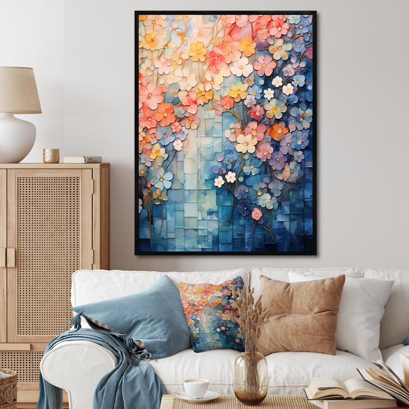 «Blue Japon Blooming Tree Landscape», art mural floral abstrait, Cadre flottant noir, H 40 po x l 30 po x P 1,5 po