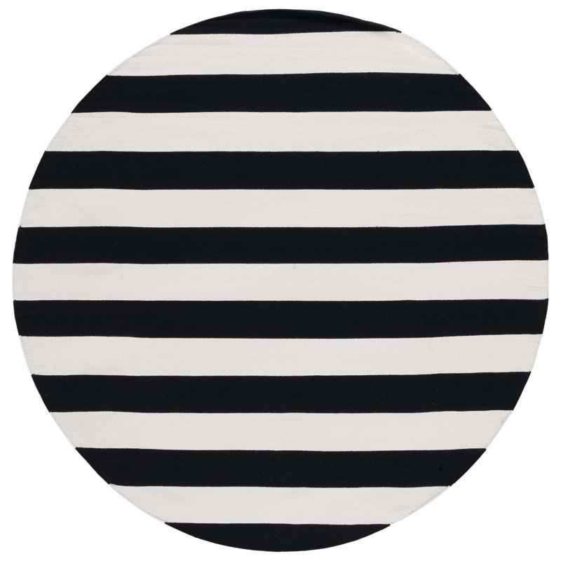 Tapis rayé noir / ivoire en coton tissé à la main Brookvale, Rond 7 pi