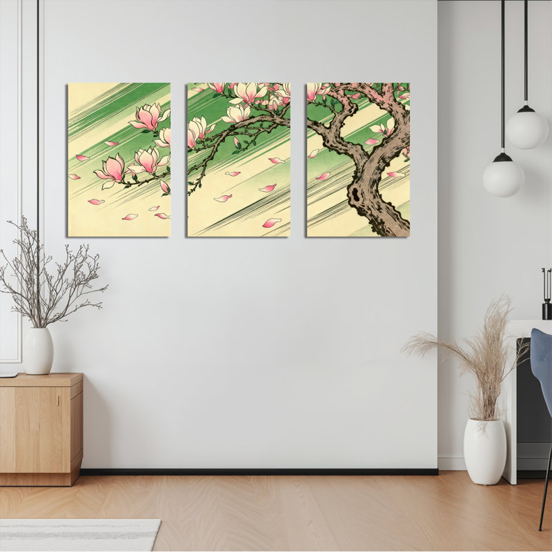 Ensemble de 3 tableaux muraux sur toile représentant un magnolia en fleurs, H 24 po x l 48 po