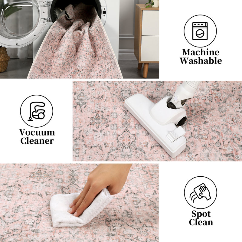 Washable Area Rug 8x10 Living Room Floor Carpet Anti-Slip Backing Vintage Floral Rug Foldable Rug for Bedroom Dining Room Office Nursery Room Pink