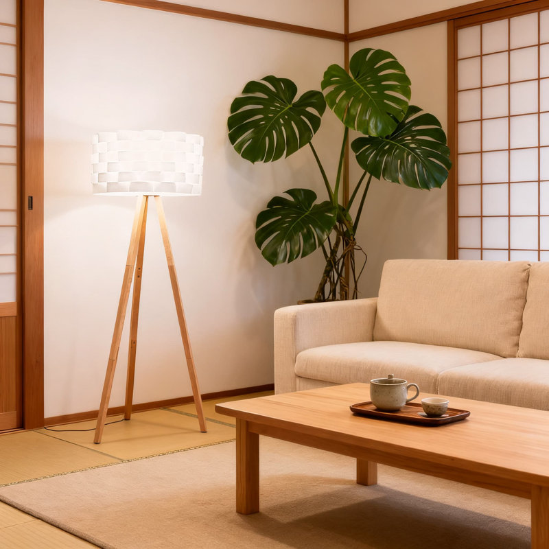 Lampe sur pied à DEL avec base trépied et abat-jour tissé, lampe sur pied écoénergétique pour le salon, la chambre à coucher, le bureau, lampe haute de style rétro avec lumière blanche chaude