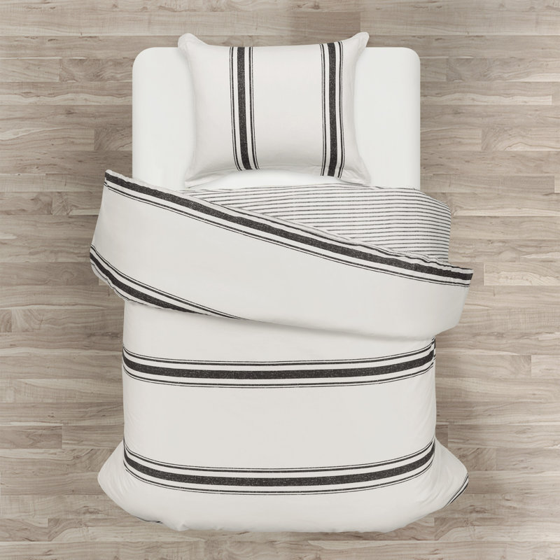 Farmhouse Stripe Black and Cream Cotton Twin XL Duvet Cover Set