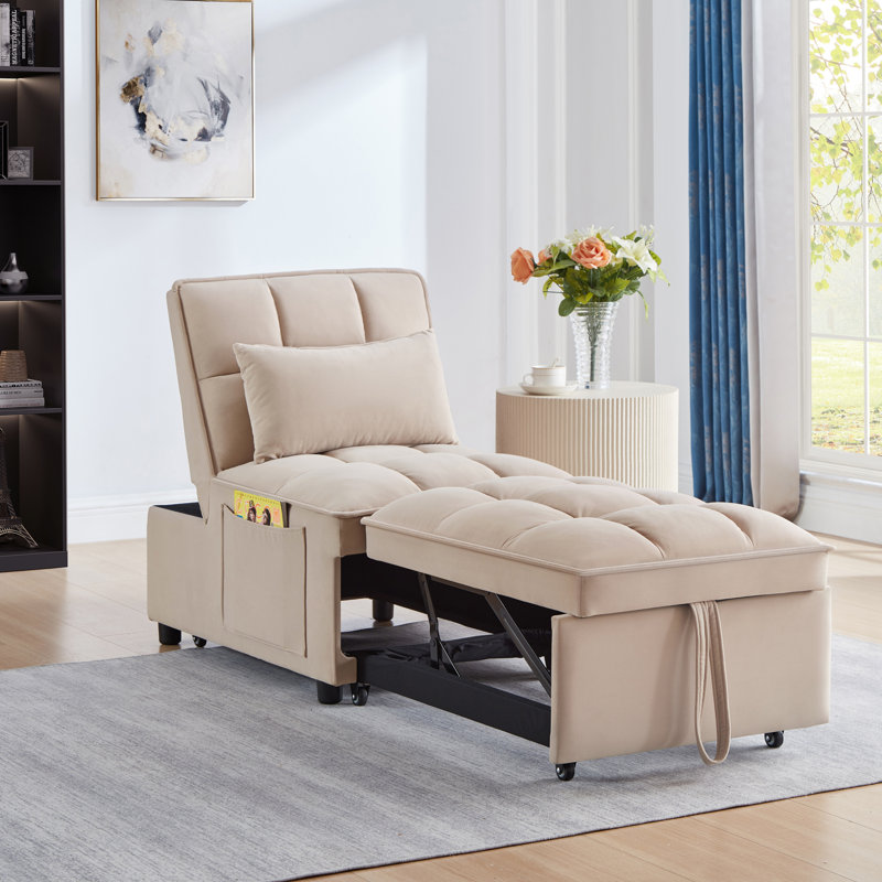 Canapé-lit simple capitonné avec dossier réglable et coussins, méridienne convertible, Taupe