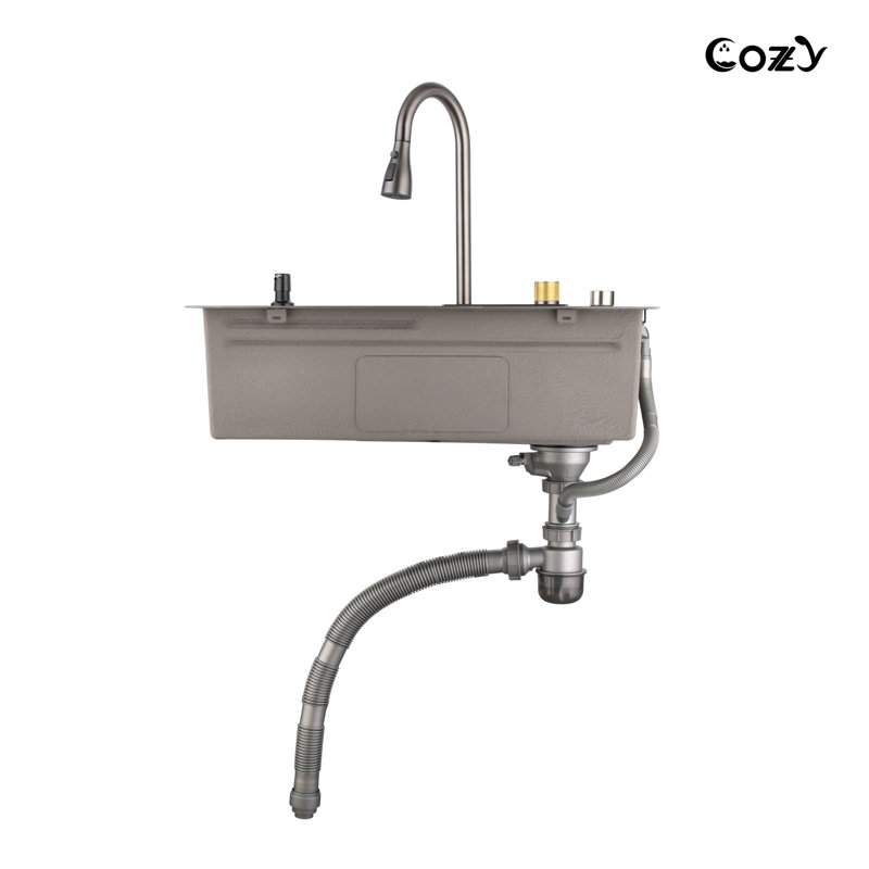 Évier de cuisine en cascade, cuve simple en acier inoxydable noire, poste de travail multifonctionnel avec robinet de pluie et planche à découper, évier simple en acier inoxydable 30 po x 22 po