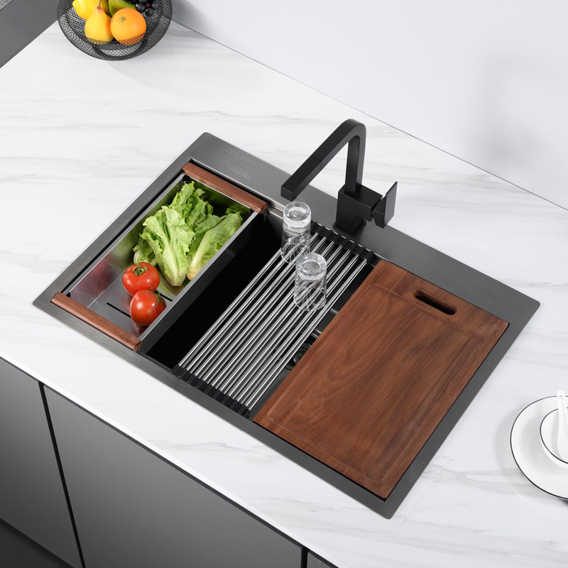 30'' Black Drop-In Single Bowl Kitchen Sink, 16 Gauge Stainless Steel Workstation Kitchen Sink