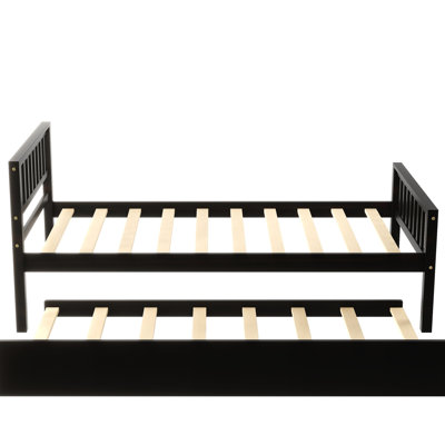 Twin Bed With Trundle, Platform Frame Headboard And , Suitable For Small Bedroom Spaces, Pull - Out Trundle Guests' Use, Space Saving Solution, Pine Wood, Easy Assembly Task No Box Spring Required