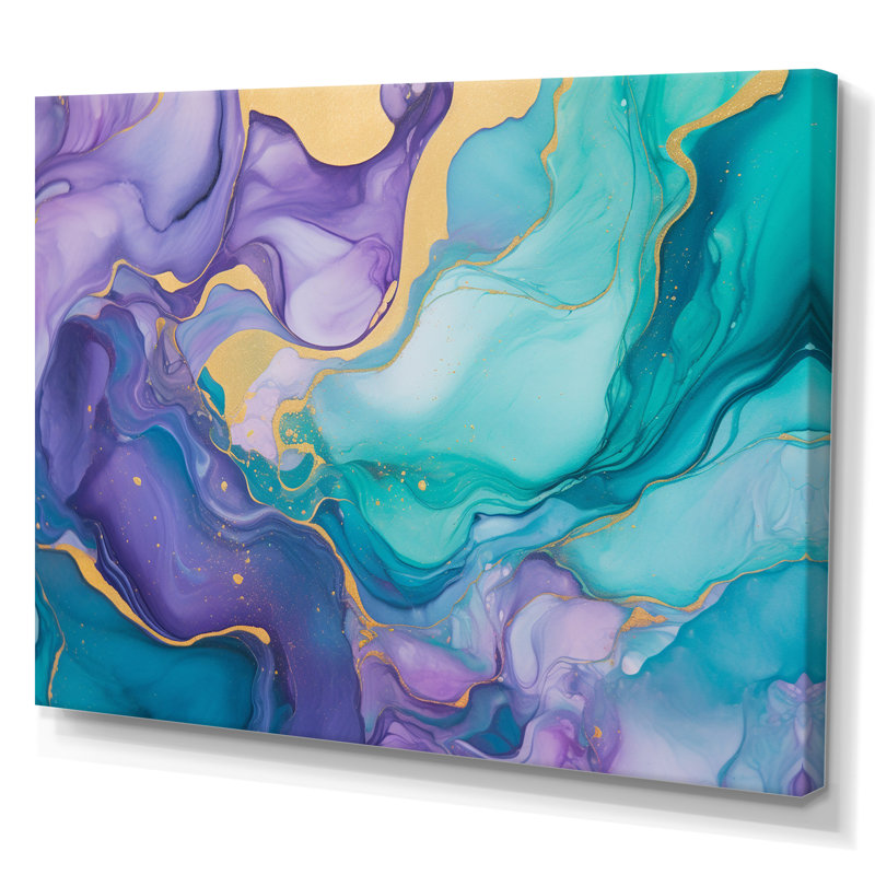 Art mural turquoise et mauve liquide II - Fractals, Toile tendue, H 12 po x l 20 po x P 1 po