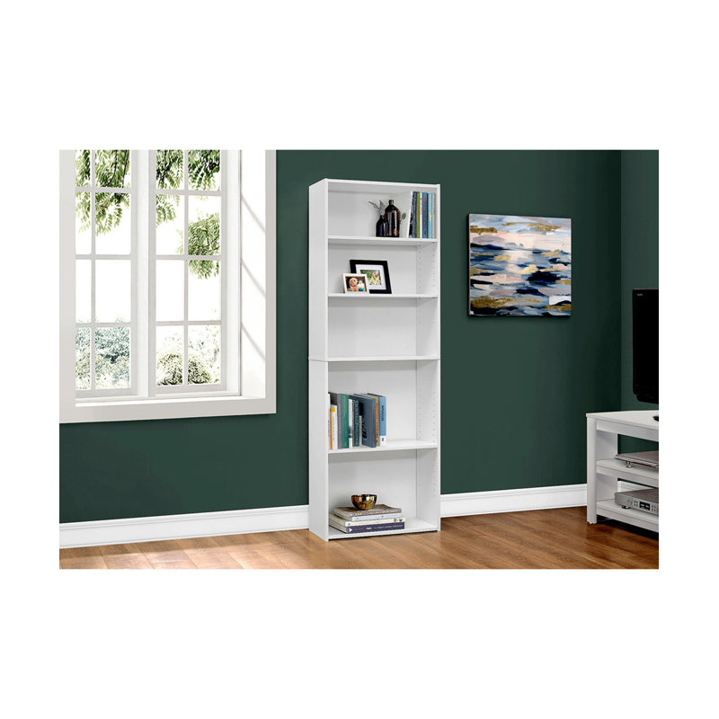 Bibliothèque, bibliothèque, 6 niveaux, H 72 po, bureau, stratifié de chambre à coucher, transitionnel, Blanc