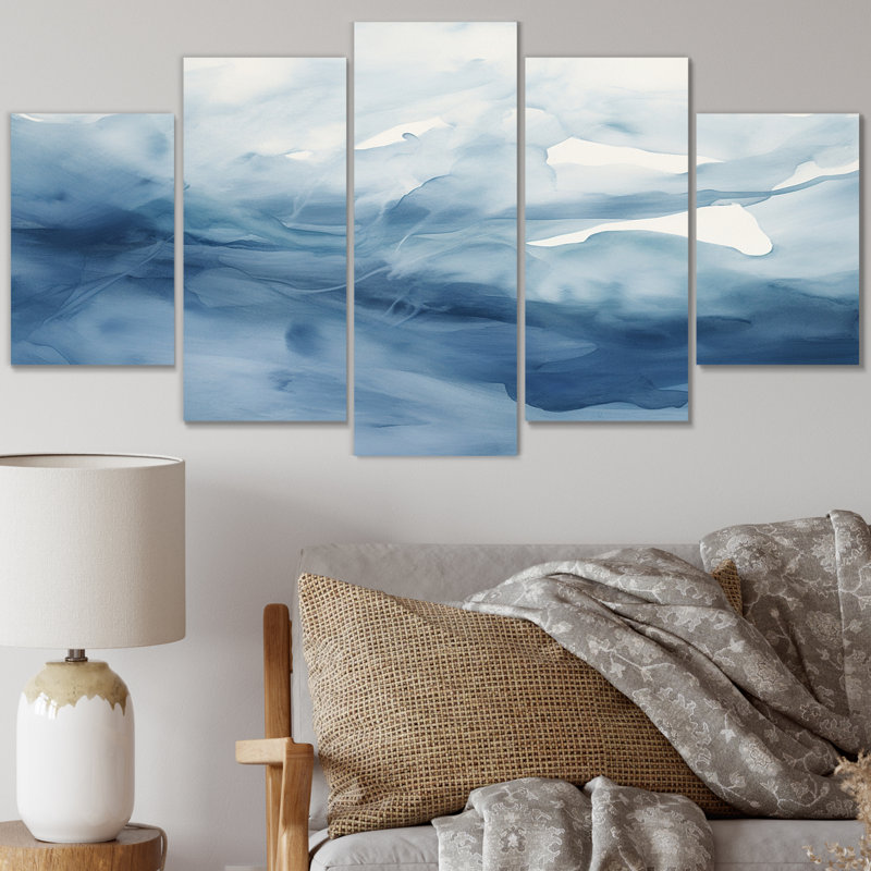 Aquarelle bleu et blanc dansant nuages - décoration murale abstraite - 5 panneaux