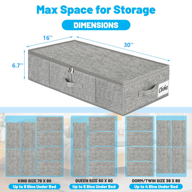 Under Bed Storage Container Bins 2 Pack, Low Profile Foldable Underbed Clothes Storage Organizer W/ Ultra Thick Fabric And Sturdy Bottom/Sides, Dual Zipper Storage Box For Dorm And Home