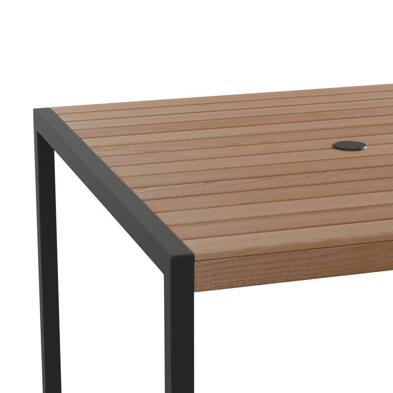 Agit Indoor/Outdoor Square Steel Framed Table with 4 Stackable Faux Teak Chairs, No Umbrella, No