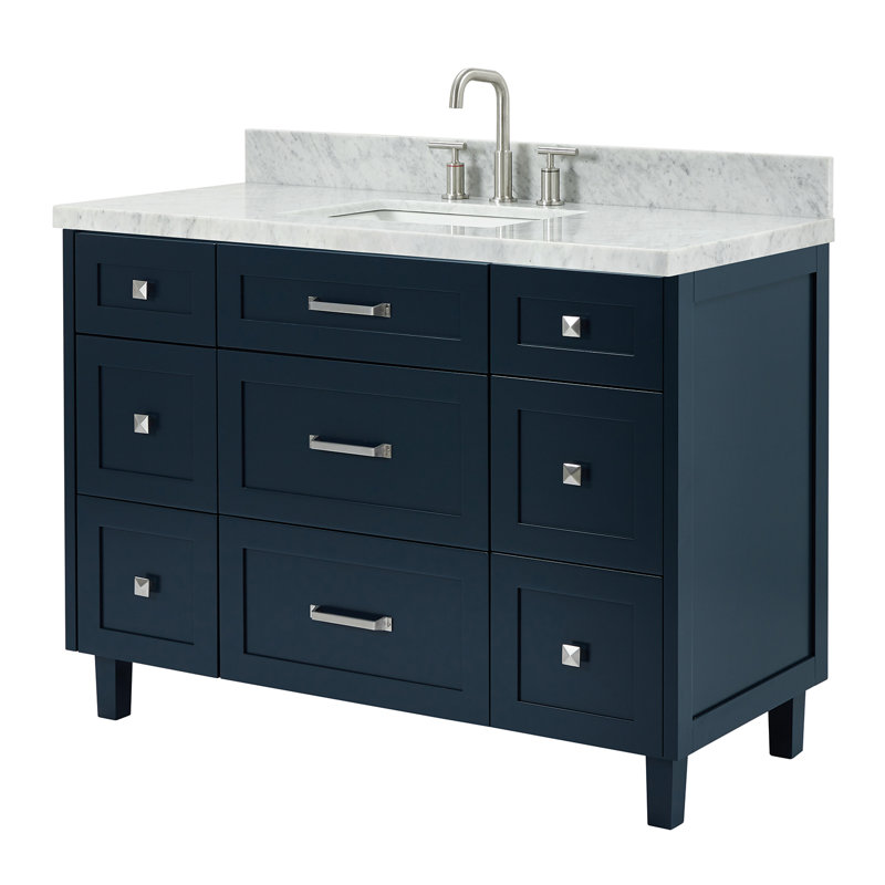 ARIEL Monroe 49 Single Sink Bathroom Vanity with Italian Carrara Marble Top, Carrara White Marble, 49", Midnight Blue