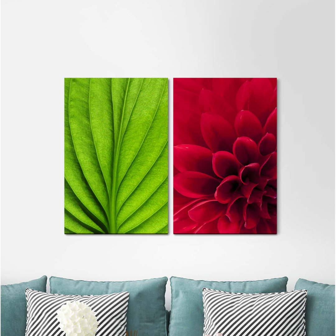 2-tlg. Leinwandbilder-Set - Fotografie „Green Leaf Red Flower Blossom Leaf Structure Summer”