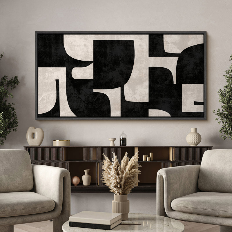 Motif géométrique abstrait géométrique noir et blanc, H 30 po x l 60 po, Noir, noir, noir, noir