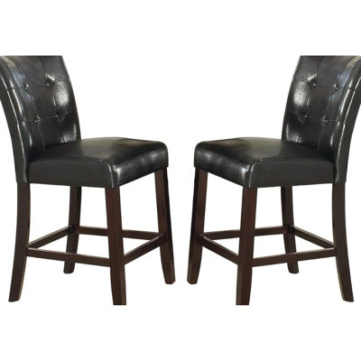 2 chaises de salle à manger à hauteur de comptoir, dossier en similicuir noir, assise à coussin, structure en bois, mobilier moderne, capitonnage, fabrication de la structure