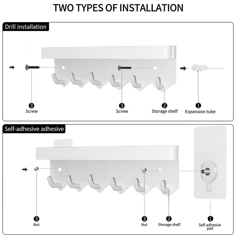 Metal Wall Organizer with Key Hooks, White