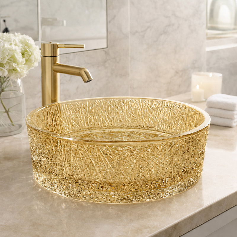 Stadium 16" Tempered Glass Circular Vessel Bathroom Sink - Timeless Collection, Champagne