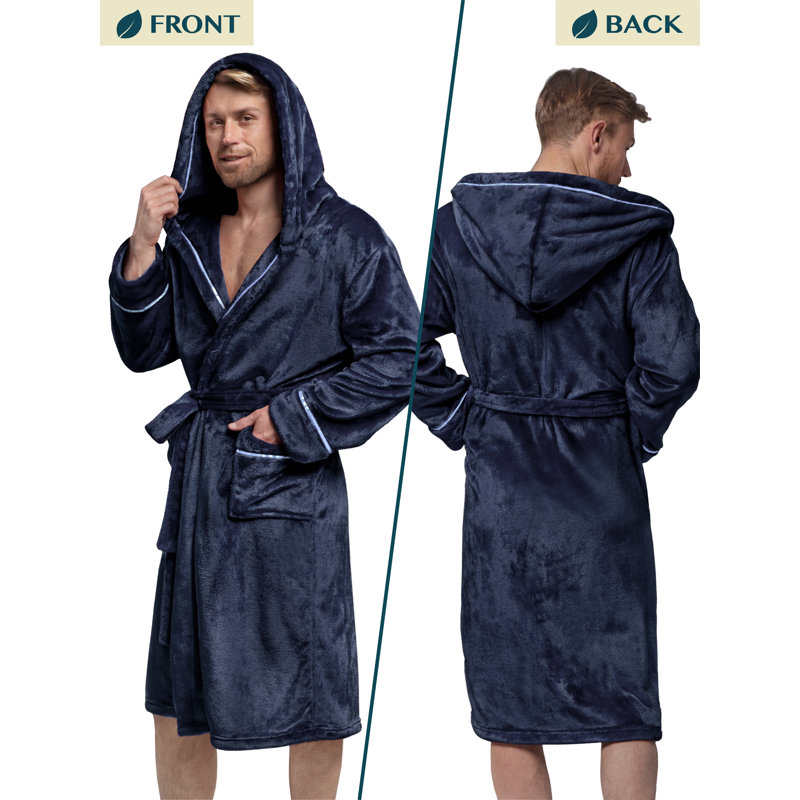 Yasmeli Fleece Boy / Man+ Mid-Calf Bathrobe with Pockets and Hood, Navy with Hood