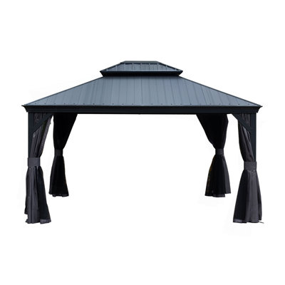 Pavillon de jardin à toit rigide de 10 pi x 12 pi avec toit en résine, pavillon de jardin extérieur en métal avec gouttières de drainage, pavillon permanent pour patio, cour et terrasse, rideaux et moustiquaire inclus