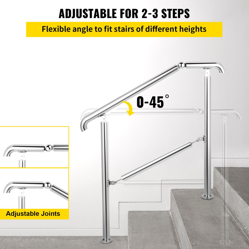 Transitional Stair Handrail 86cm Stainless Steel 1 Piece Silver w/ Install Kit