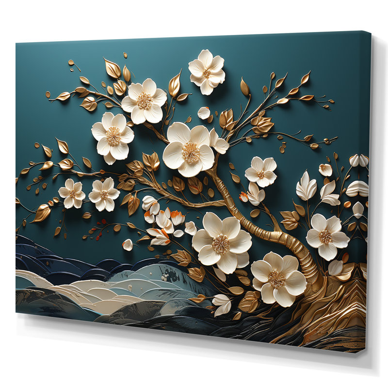 Blanc et or, charmante fleur de printemps Blooms III - Fleurs, art mural, Toile tendue, H 24 po x l 32 po x P 1 po