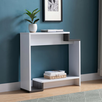 Console moderne de couleur blanche et grise, deux compartiments à tablettes ouvertes, une organisation à plusieurs niveaux, améliore l'utilisation de l'espace de lecture dans les petits espaces gris, caractéristiques, configuration, pour les pièces étroites