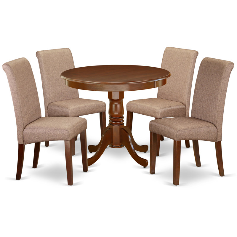 5 Piece Dining Table Set for 4 Includes a Round Table with Pedestal and 4 Brown Linen Fabric Parson Dining Chairs, Mahogany