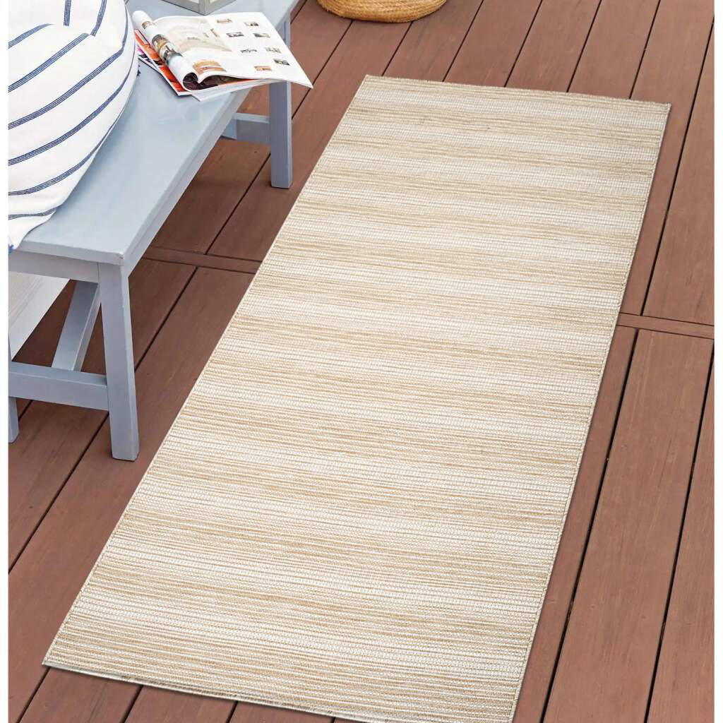 Teppich Terrasse Wetterfest Balkonteppich Beige Streifen Muster für Veranda, Garten, Küche, Bad oder Wohnzimmer Kavia