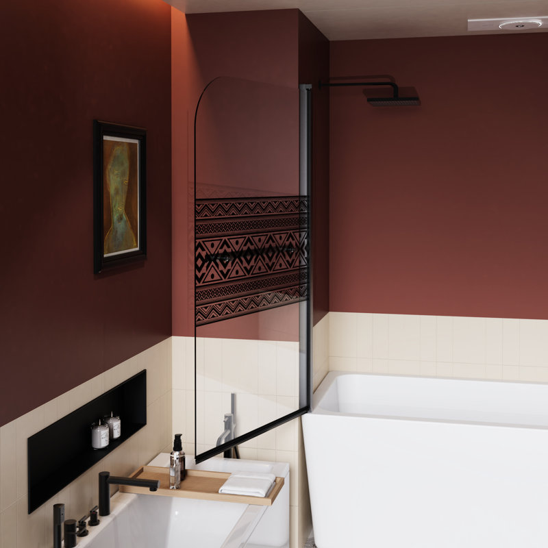 32 In W X 55 H Shower Screen With Bohemian Design, 1/4 Inch Thick Tempered Glass, Black, Zinc Alloy Hardware, Easy - To Clean And Stylish Bathtub Door Black Finish, Stainless Steel Hinges, Smooth Use