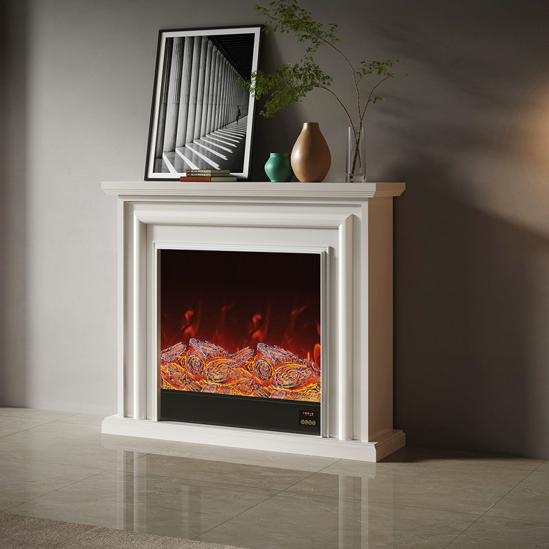 Beige Solid Wood Electric Fireplace