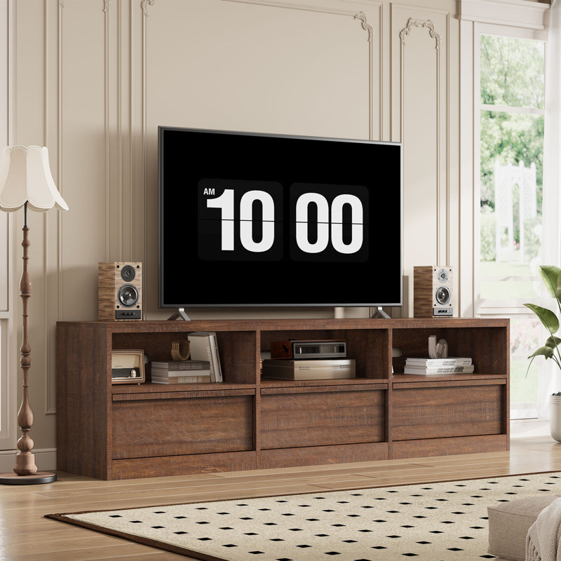 70" Mid Century Modern TV Stand for 80" TVs - Storage Drawer & Open Shelves Media Console Cabinet, Brown Wood