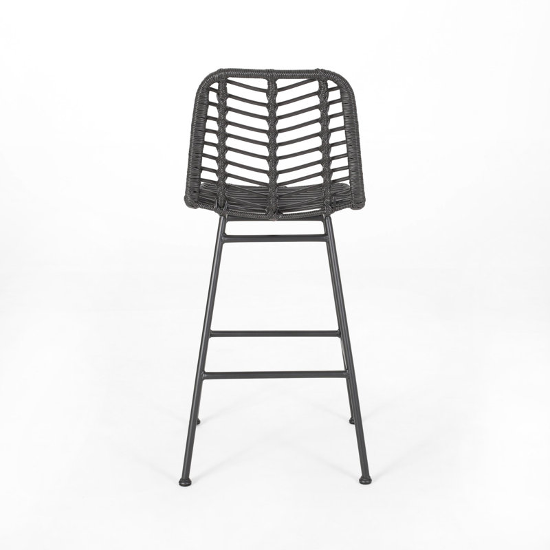 Gray and Black Wicker Outdoor Barstools with Iron Frame, Set of 2