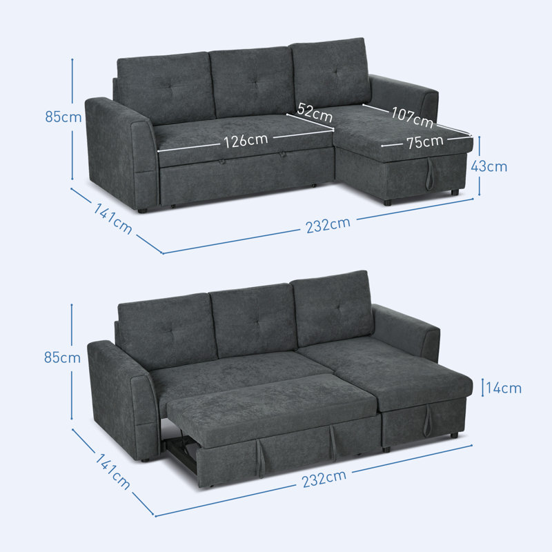 Rayssa 3 Seater Corner Sofa Bed 
