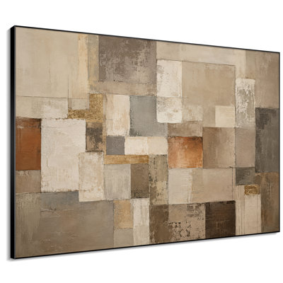 Extra Large Wall Art Fabric Print - Tan Brown Abstract Geometric Blocks Modern Office Decor - "Frame Assembly Required (Unfinished Frame)"