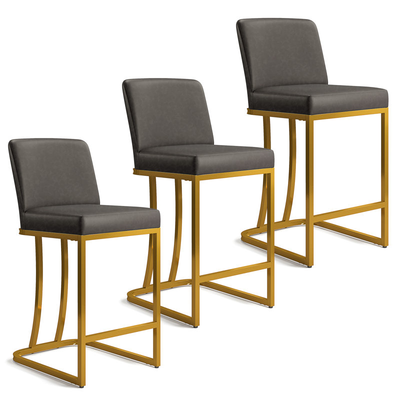 Romilio 24″ Upholstered Gray Counter Stool with Faux Leather for Kitchen & Dining (Set of 3), Gold, Gray