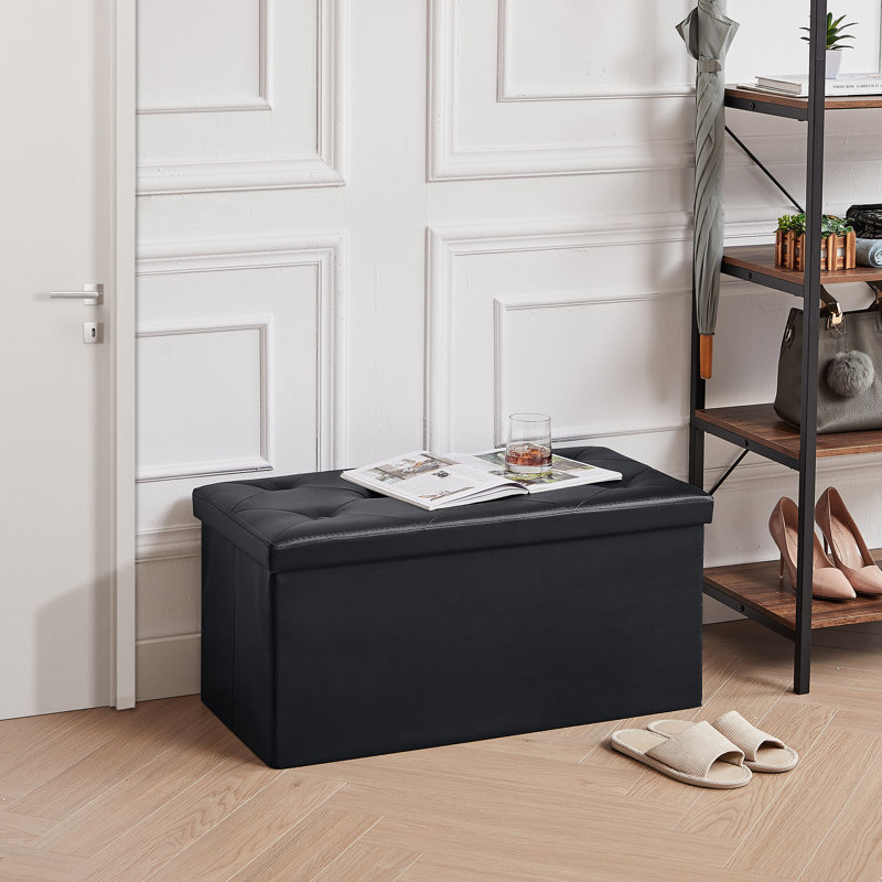 Massas 76cm Wide Faux Leather Tufted Rectangle Solid Colour Ottoman with Storage, Black