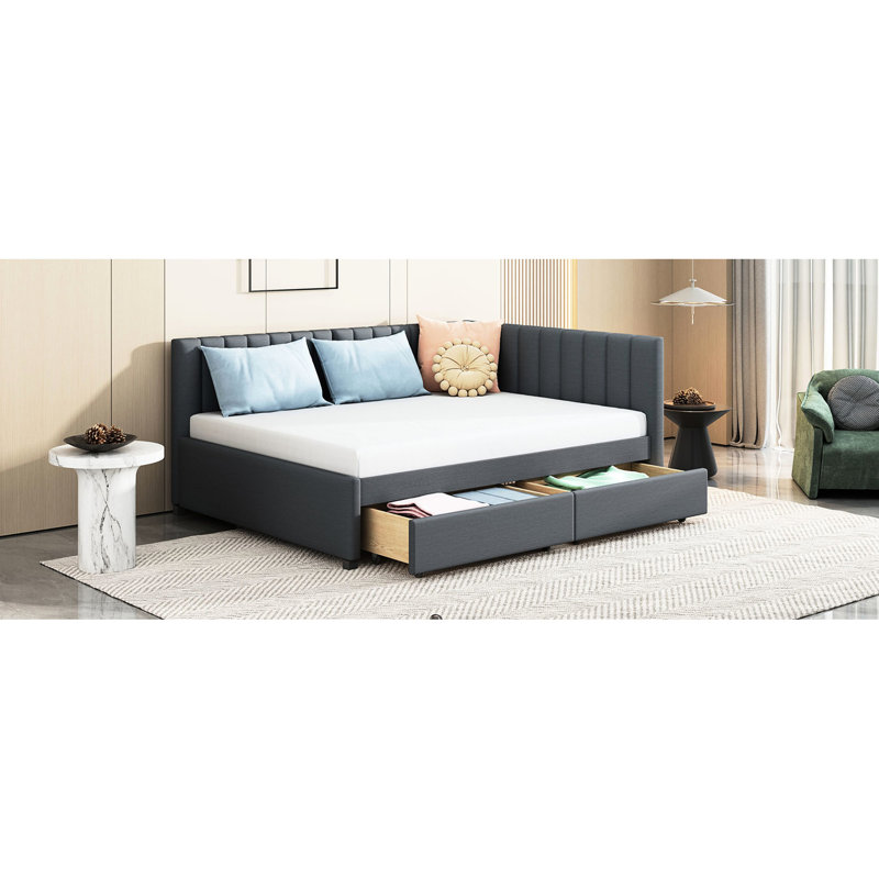 Full Daybed With 2 Drawer Storage, Gray Linen Fabric. Bed Frame Without Box Spring For A Modern Bedroom Interior Upholstered Drawers, Linen.