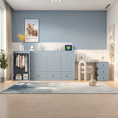 Queen Size Murphy Bed With USB Port, Large Drawer, And Wardrobe/Desk Combo