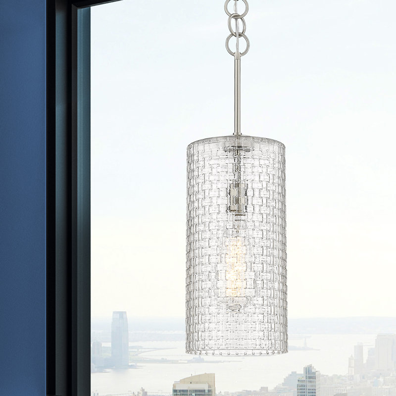 Luminaire suspendu cylindrique à 1 lumière Lakwanzaa, H 23,75 po x l 8 po x P 8 po, Nickel satiné brossé