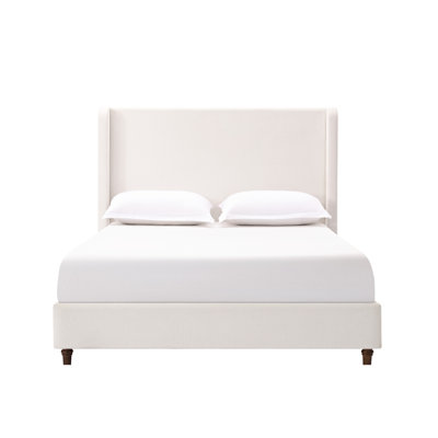 54" Headboard Queen Size Bed, Cream White Chenille Upholstery, Metal Frame, No Box Spring Required, Quick Assembly Steps Tall Bedroom Structure, Sprin
