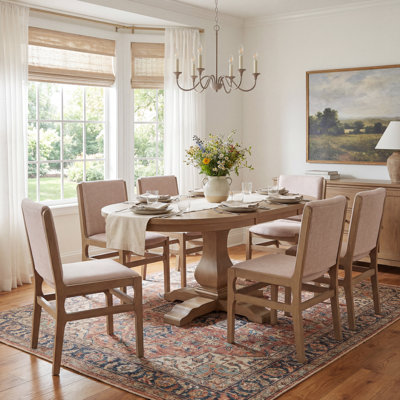Alagie Modern Farmhouse 7-Piece Expandable Rubberwood Dining Table Set With Upholstered Chairs