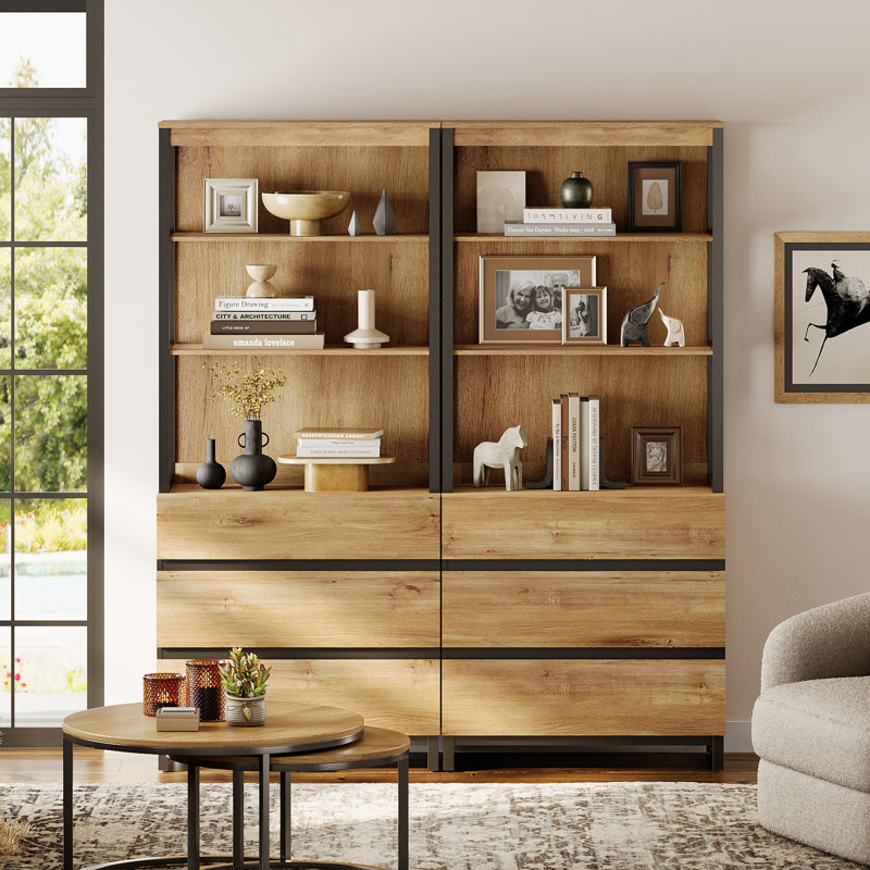 Aadam 2 PCS Modern 72" Tall Bookcase With 6 Drawers And Open Book Shelfs, Library Book Shelf With Storage Cabinet And Metal Base, Wood Freestanding Bookshelves