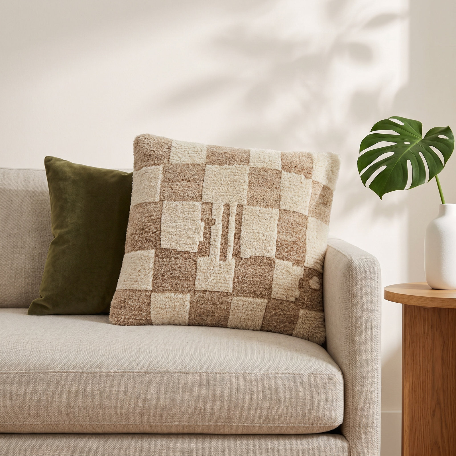 Raven Checkered Wool Throw Pillow, Down, 20" x 20", Ivory