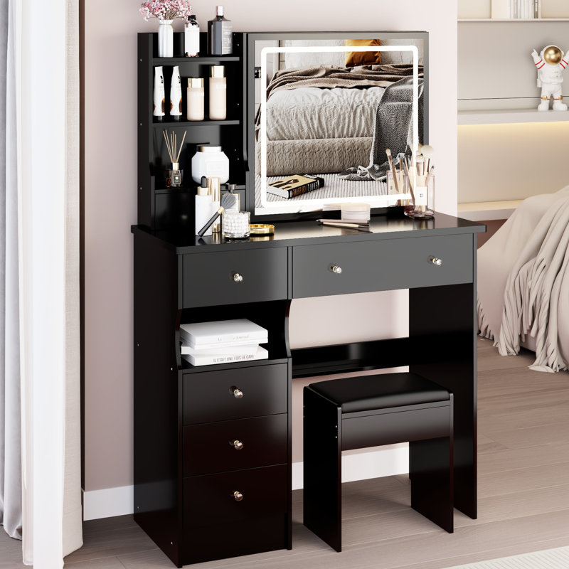 37 - Inch Left Drawer Vanity Table With Cushioned Stool, Touch Operated Tri Color Brightness Adjustable Mirror And Abundant Storage For Spacious Areas 37" Desktop Sliding Sensitive Switching