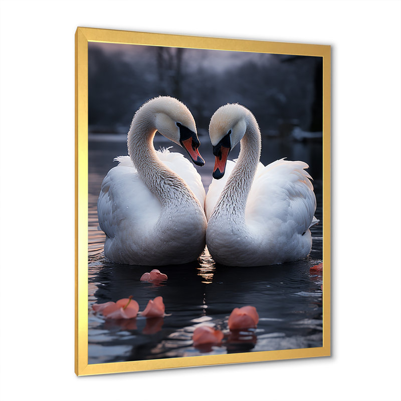 Art mural sur toile, "Swans Romantic Portrait II", Cadre doré simple, H 32 po x l 16 po