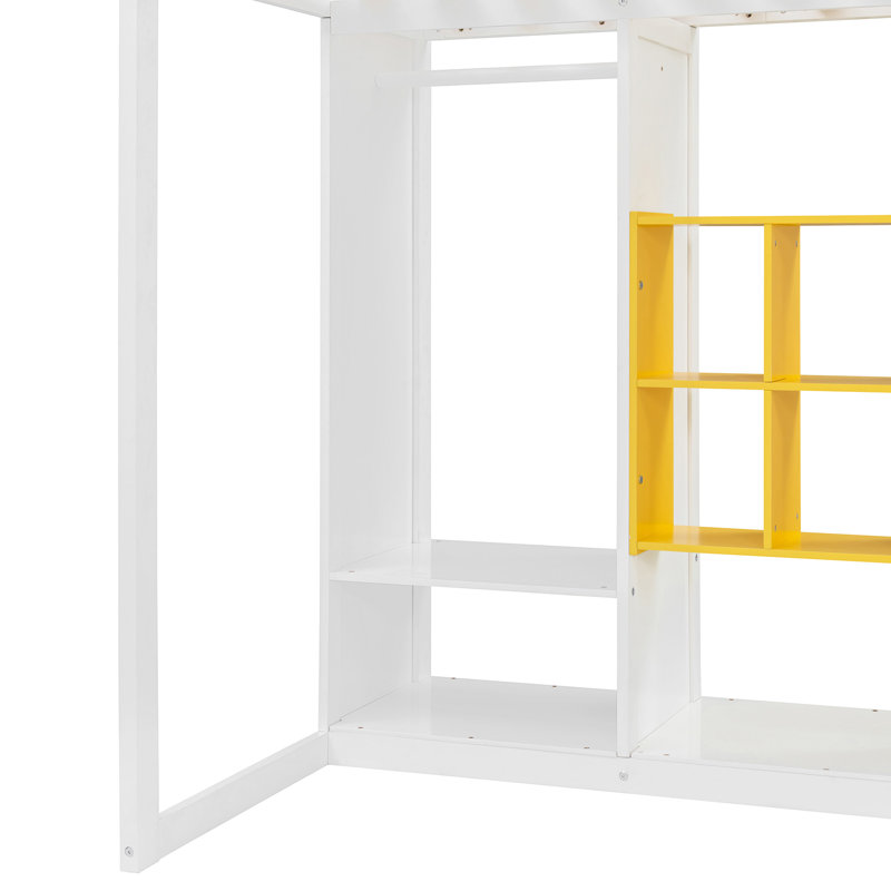 Wood Loft Bed With Wardrobe, Yellow/White, Twin