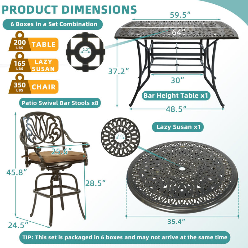  10-piece Outdoor Bar Set, All Weather Cast Aluminum Patio Bar Furniture With 8 Cushioned Swivel Bar Stools, Large 64" Square Patio Bar Height Table With Detachable Lazy Susan, 2" Umbrella Hole
